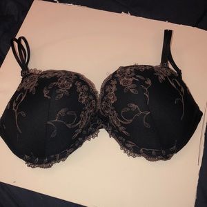 Black Plunge Bra with Lace Flower Detail
